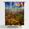 London Flaming Sunset Panoramic Picture Shower Curtain - Gold Blue