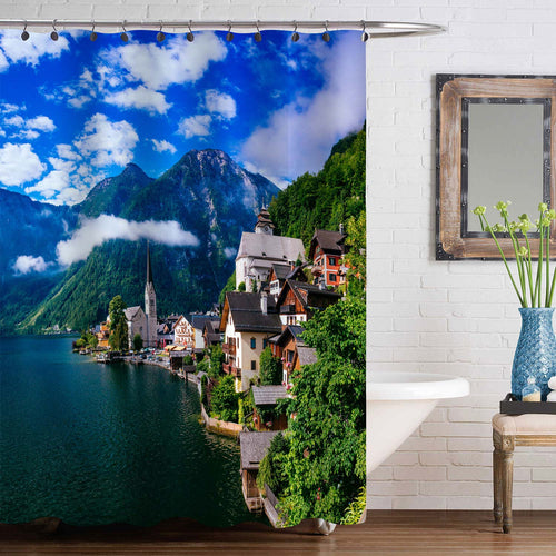 Classic View Over Hallstatt Village and Alpine Lake at Summer Morning Shower Curtain - Blue Green