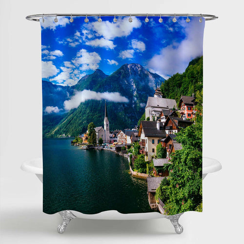 Classic View Over Hallstatt Village and Alpine Lake at Summer Morning Shower Curtain - Blue Green