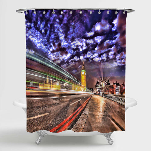 Traffic Light Trails on Big Ben Shower Curtain - Purple Brown