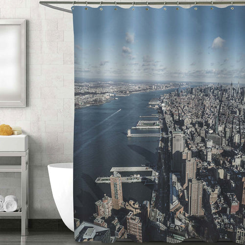 New York City Manhattan Downtown and Hudson River Aerial View Shower Curtain - Blue Grey