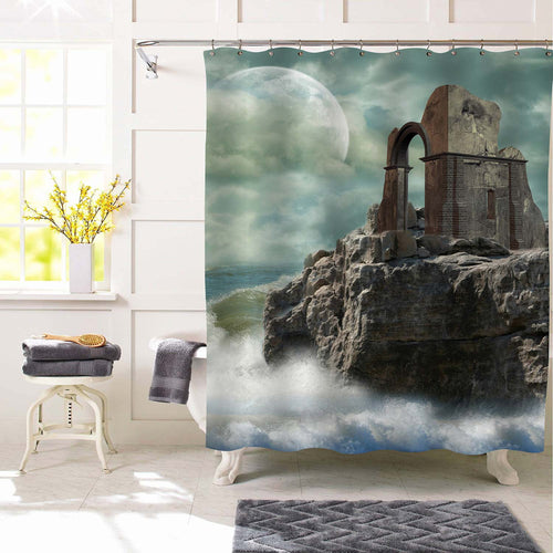 Retro Style Cliff with Old Palace Ruin Shower Curtain - Grey