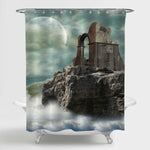 Retro Style Cliff with Old Palace Ruin Shower Curtain - Grey