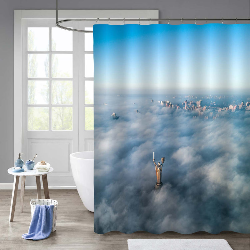 Aerial View of European City in the Mist Shower Curtain - Blue Grey