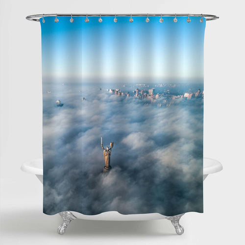 Aerial View of European City in the Mist Shower Curtain - Blue Grey