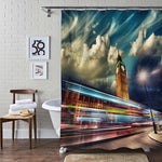 Night Scene with London Bus Tails in front of Big Ben on Westminster Bridge Shower Curtain - Blue Gold