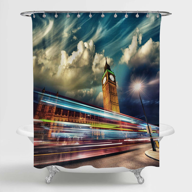Night Scene with London Bus Tails in front of Big Ben on Westminster Bridge Shower Curtain - Blue Gold