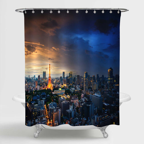 Amazing Cityscape of Tokyo at Sunset Shower Curtain - Blue Gold