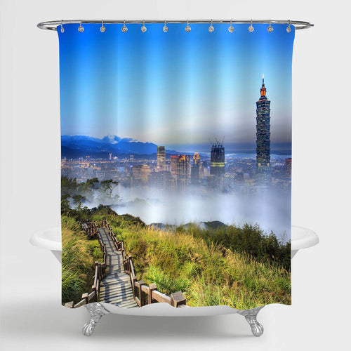 Taipei Downtwon Skyline Shower Curtain - Green Blue