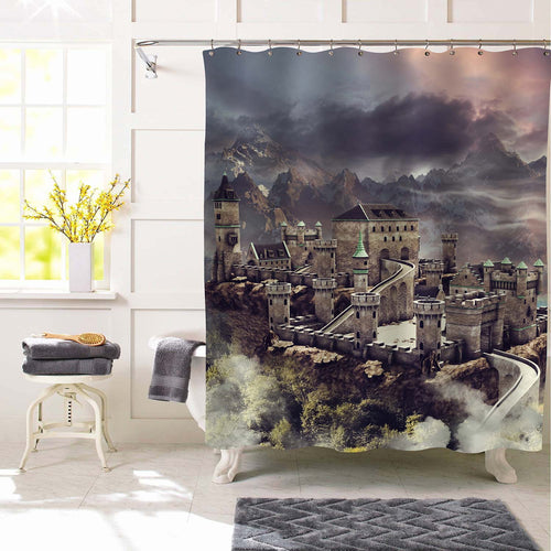 Fantasy Stone Castle in the Mountain Near the Forest Shower Curtain - Grey