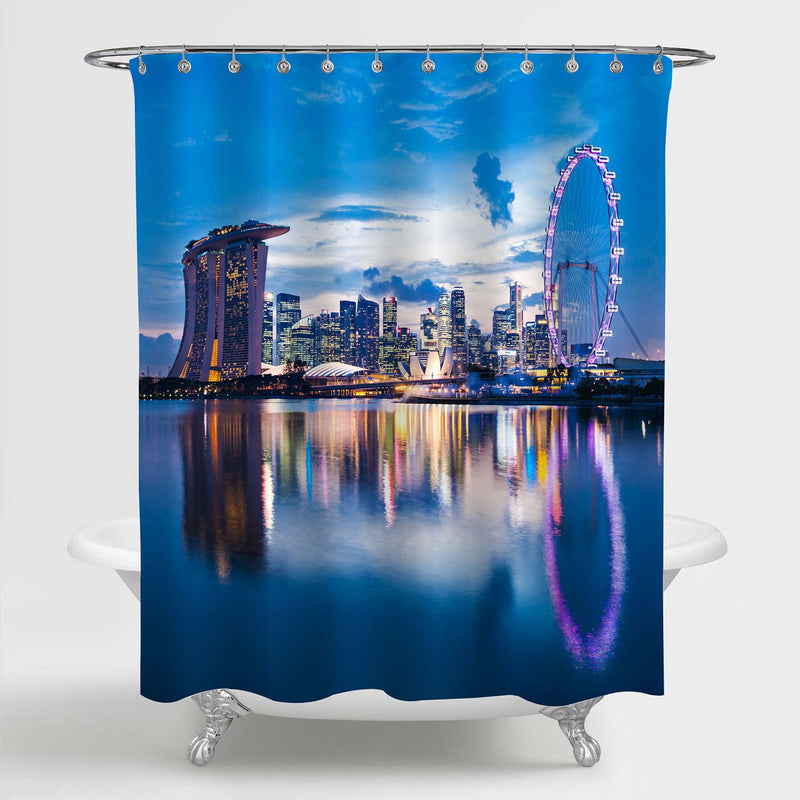 Singapore Skyline in a Twilight Blue Sky Shower Curtain - Blue
