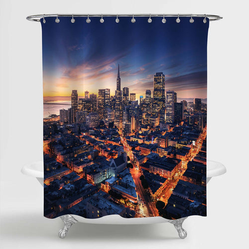 San Francisco City Downtown Urban Street and Skyscrapers at Sunset Shower Curtain - Gold Blue