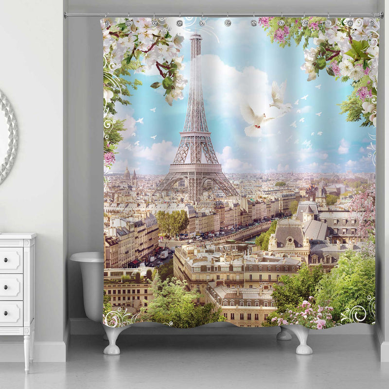 Eiffel Tower with Flowers of Apple Trees and Pigeons Shower Curtain - Beige Green