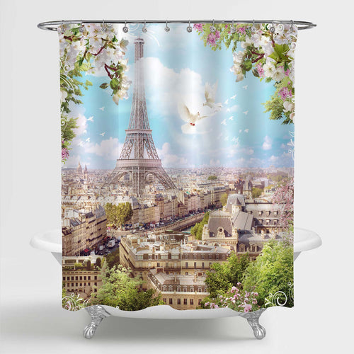 Eiffel Tower with Flowers of Apple Trees and Pigeons Shower Curtain - Beige Green