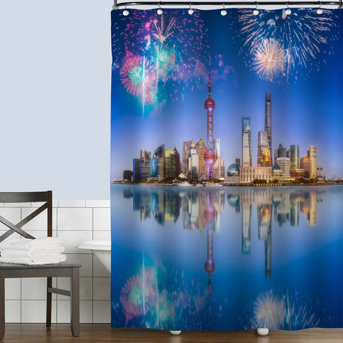 Modern Shanghai City Skyline Fireworks Shower Curtain - Blue