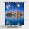 Modern Shanghai City Skyline Fireworks Shower Curtain - Blue
