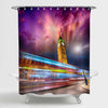 Big Ben with the Houses of Parliament and Red Double-Decker Bus Passing at Dusk Shower Curtain - Purple