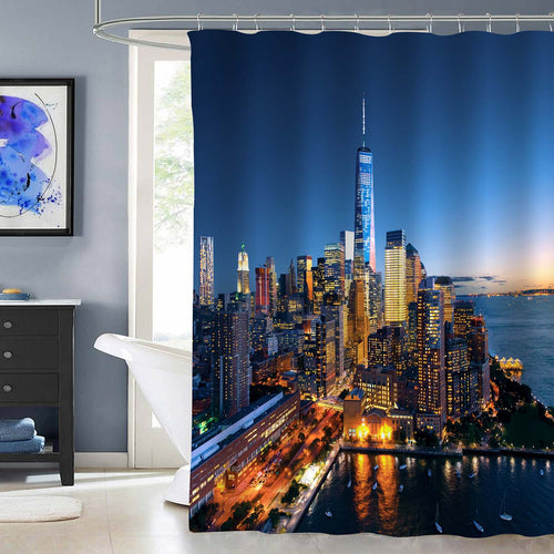 New York City Skyscraper Skyline at Sunset Shower Curtain - Blue Gold