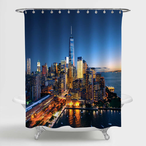 New York City Skyscraper Skyline at Sunset Shower Curtain - Blue Gold