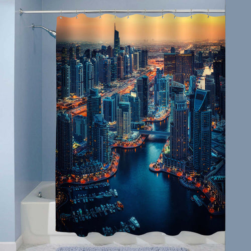 Dubai Marina Rooftop Cityscape by Night Shower Curtain - Blue