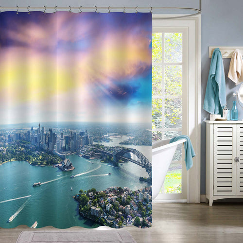 Sunset Over Sydney Harbour Cityscape Shower Curtain - Gold Green