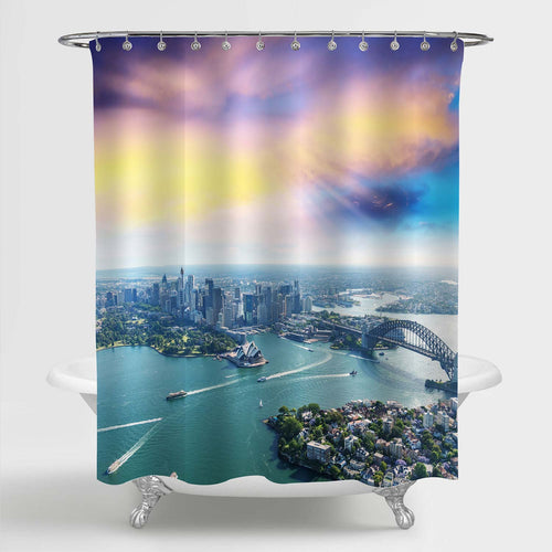 Sunset Over Sydney Harbour Cityscape Shower Curtain - Gold Green