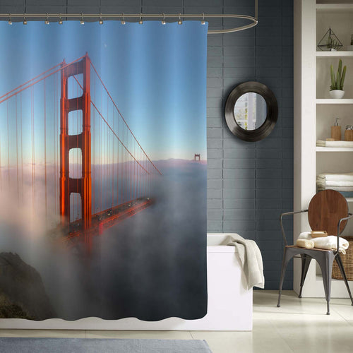 Foggy Golden Gate Bridge at Sunrise Landscape Shower Curtain - Red Blue