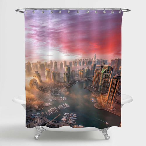 Panoramic Aerial View of a Stunning Sunset over Dubai Shower Curtain - Gold Red