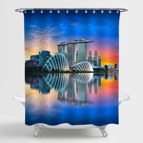 Singapore Cityscape at Dusk Bathroom Shower Curtain - Blue