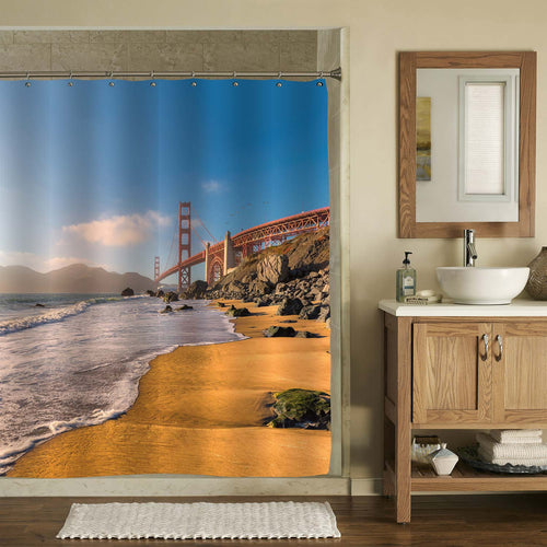 Golden Gate Bridge at Sunset Seen from Baker Beach Landscape Shower Curtain - Blue Gold