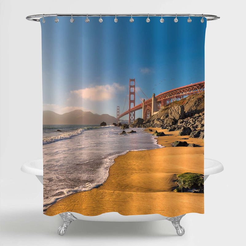 Golden Gate Bridge at Sunset Seen from Baker Beach Landscape Shower Curtain - Blue Gold