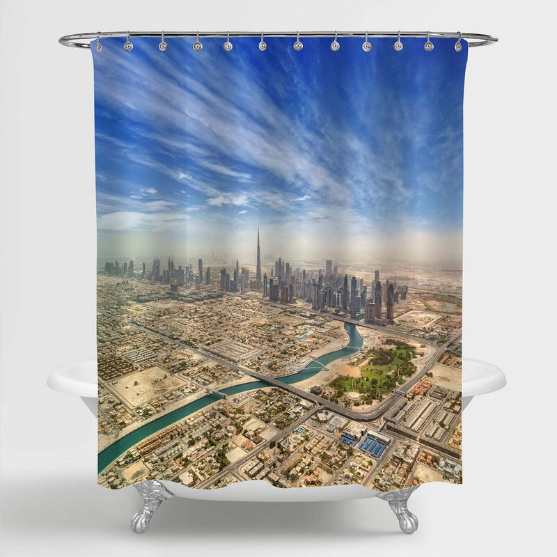 Aerial View of Dubai Downtown Shower Curtain - Blue Yellow
