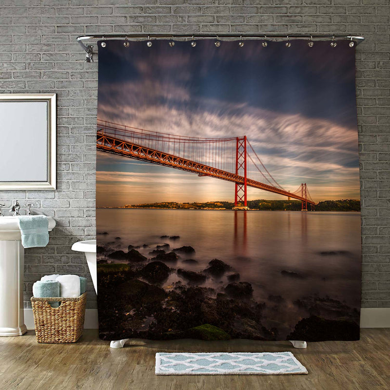 Sunset at Ponte de Abril 25 Bridge Shower Curtain - Gold