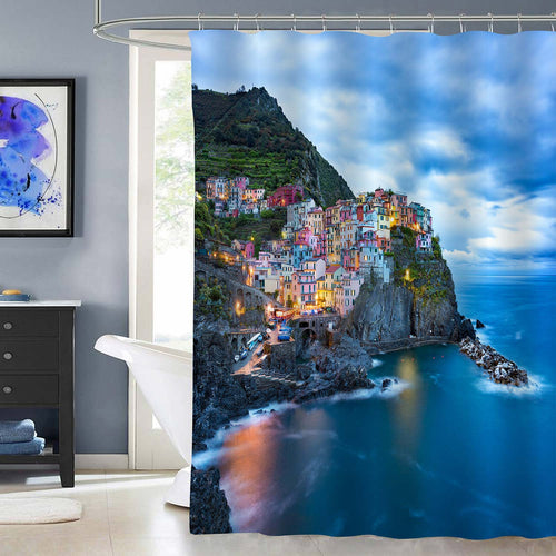 Seaside Fishing Village of Manarola After Sunset Shower Curtain - Blue