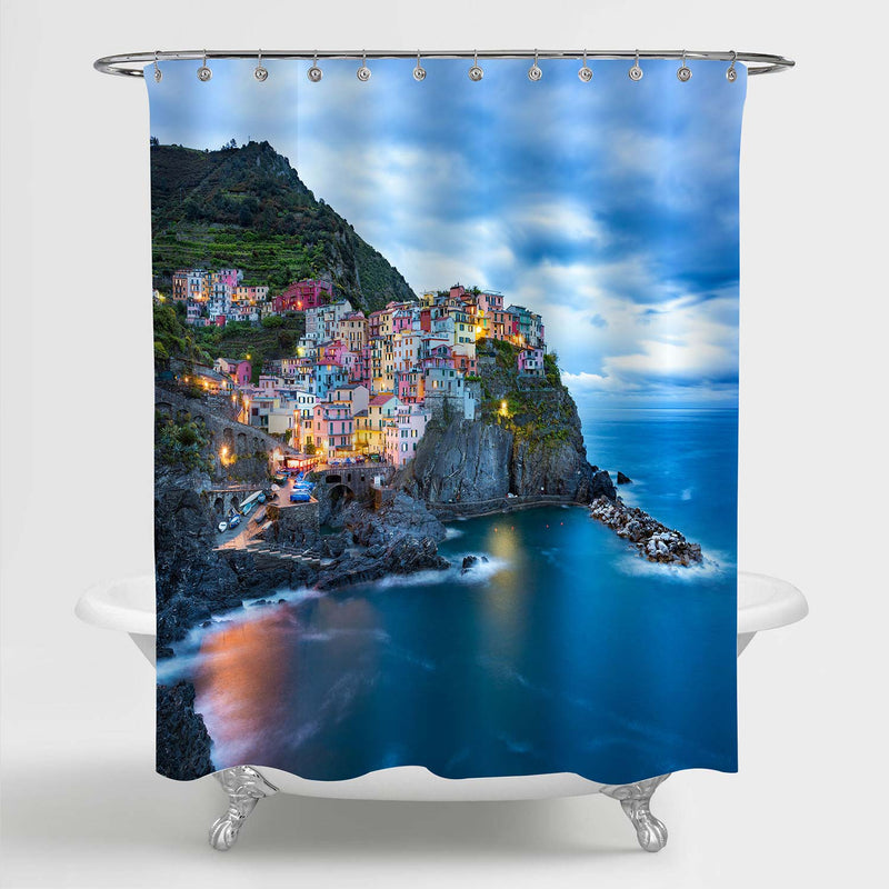 Seaside Fishing Village of Manarola After Sunset Shower Curtain - Blue