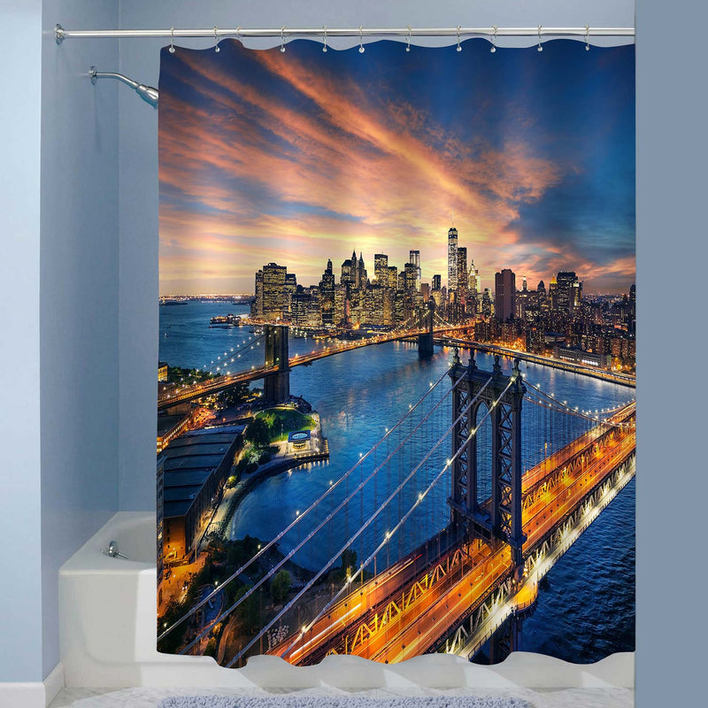 Sunset Over New York Manhattan and Brooklyn Bridge Panoramic Picture Shower Curtain - Blue Gold