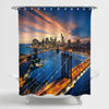 Sunset Over New York Manhattan and Brooklyn Bridge Panoramic Picture Shower Curtain - Blue Gold