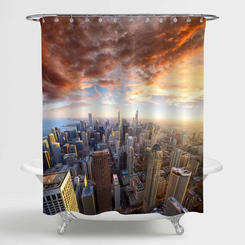 Aerial View of Chicago Down Town at Sunset Shower Curtain - Gold