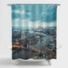 Aerial View of London Down Town Tower Bridge and Thames River Shower Curtain - Blue