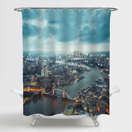 Aerial View of London Down Town Tower Bridge and Thames River Shower Curtain - Blue