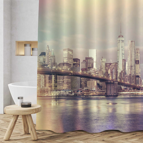 Vintage New York Brooklyn Bridge and Lower Manhattan Skyline Shower Curtain - Gold