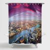 Aerial View of Pink Sky Over London Tower Bridge Shower Curtain - Pink Gold
