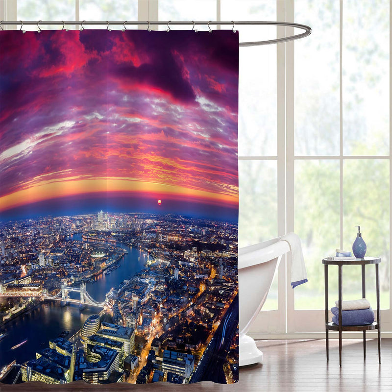London Urban Architectures and Tower Bridge at Night Shower Curtain - Pink Blue Gold