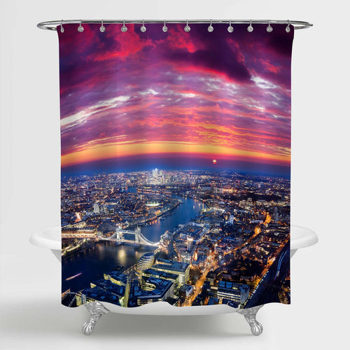 London Urban Architectures and Tower Bridge at Night Shower Curtain - Pink Blue Gold