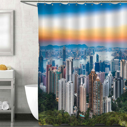 Hong Kong Skyline at Sunset Shower Curtain - Blue