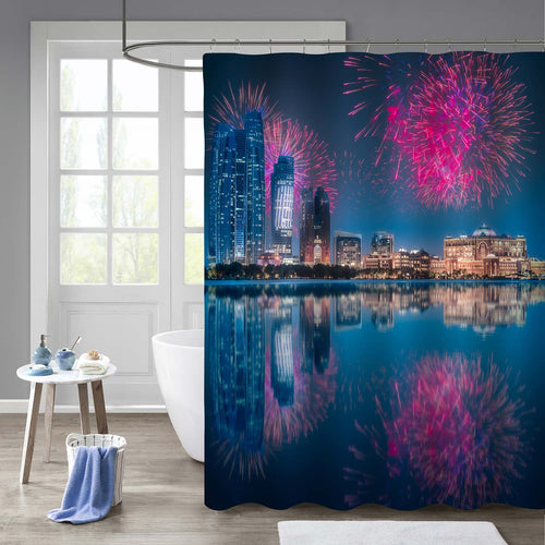 Fireworks above Abu Dhabi Skyline at Night Shower Curtain - Blue Pink