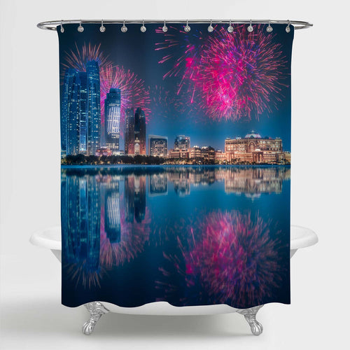 Fireworks above Abu Dhabi Skyline at Night Shower Curtain - Blue Pink