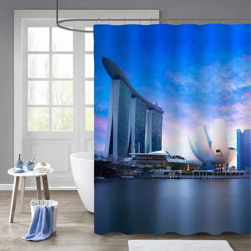 Landscape of Singapore Business Building Around Marina Bay Shower Curtain - Blue