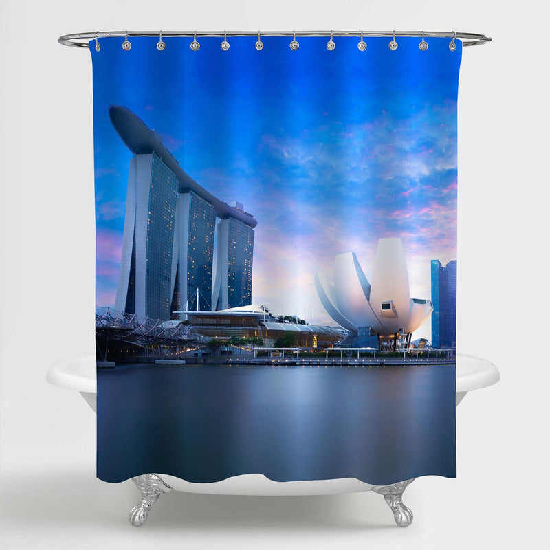 Landscape of Singapore Business Building Around Marina Bay Shower Curtain - Blue