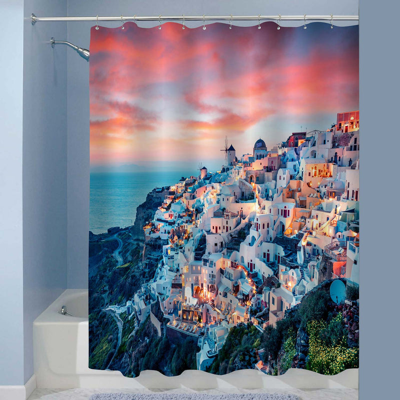 Evening View of Santorini Island Shower Curtain - Red Blue